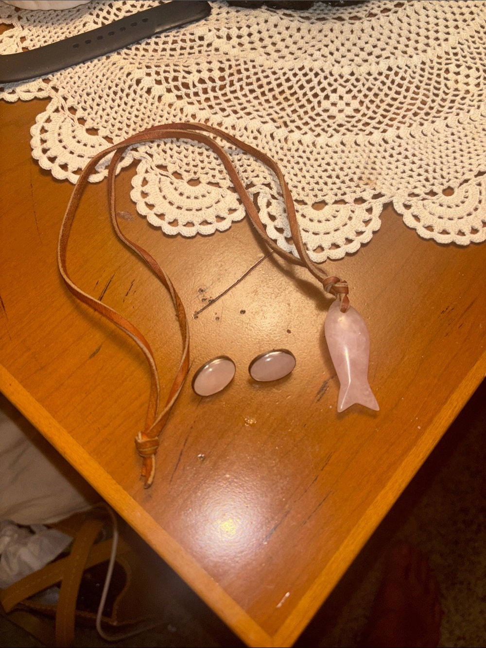 Rose quartz earrings &fish pendant.